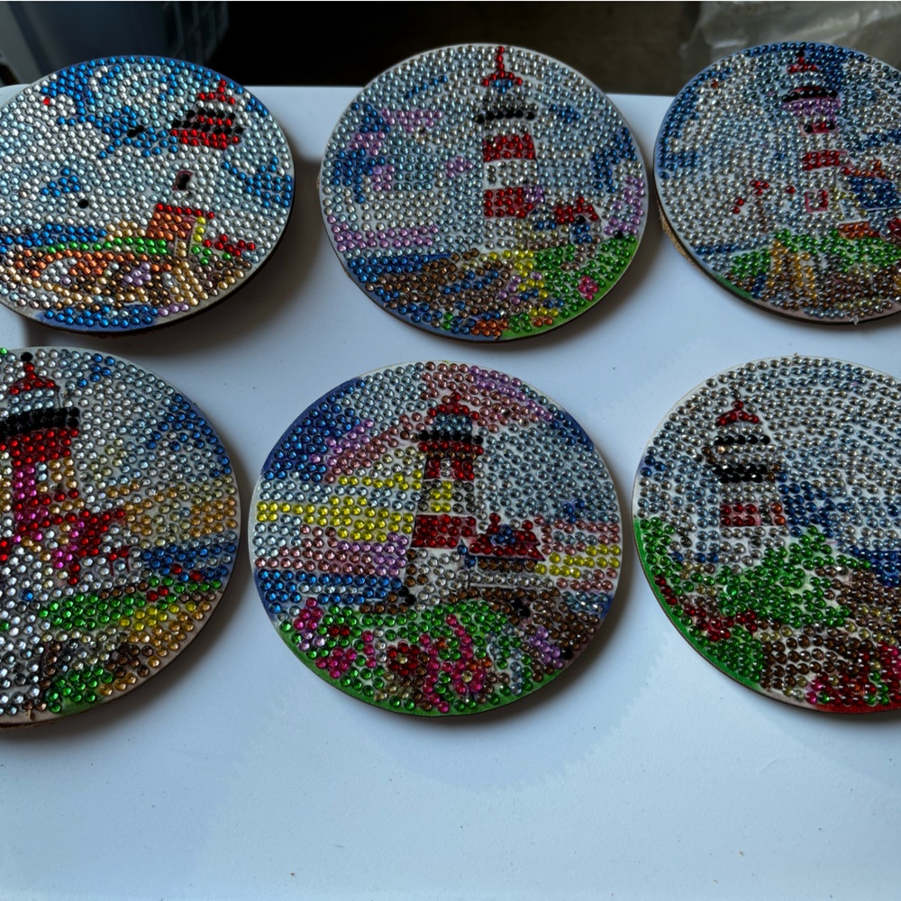 6 lighthouse coasters with rack